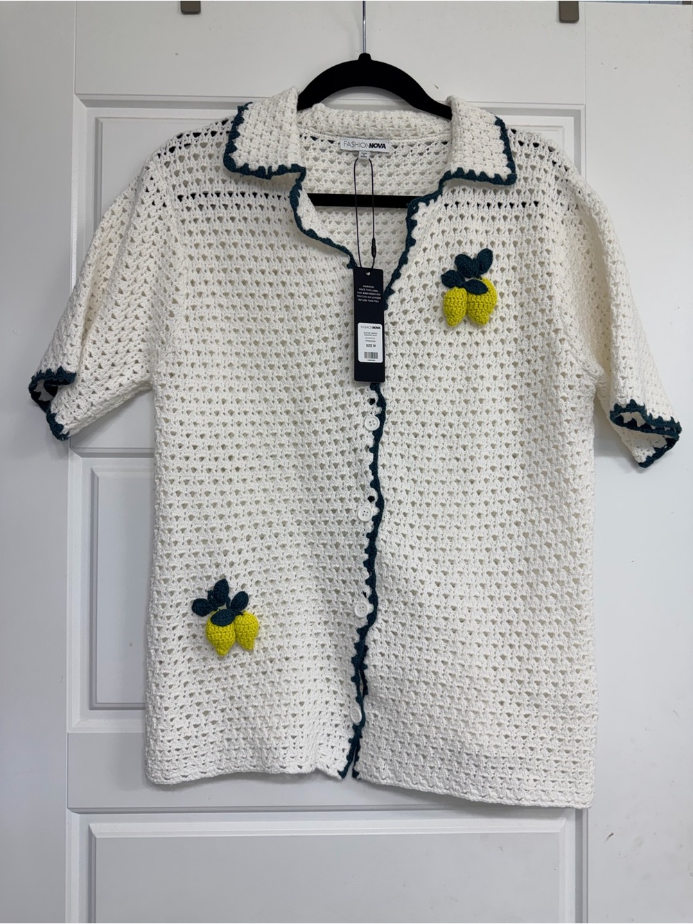 Fashion Nova White Crochet Button-Up Top with Yellow Lemon Appliqués
